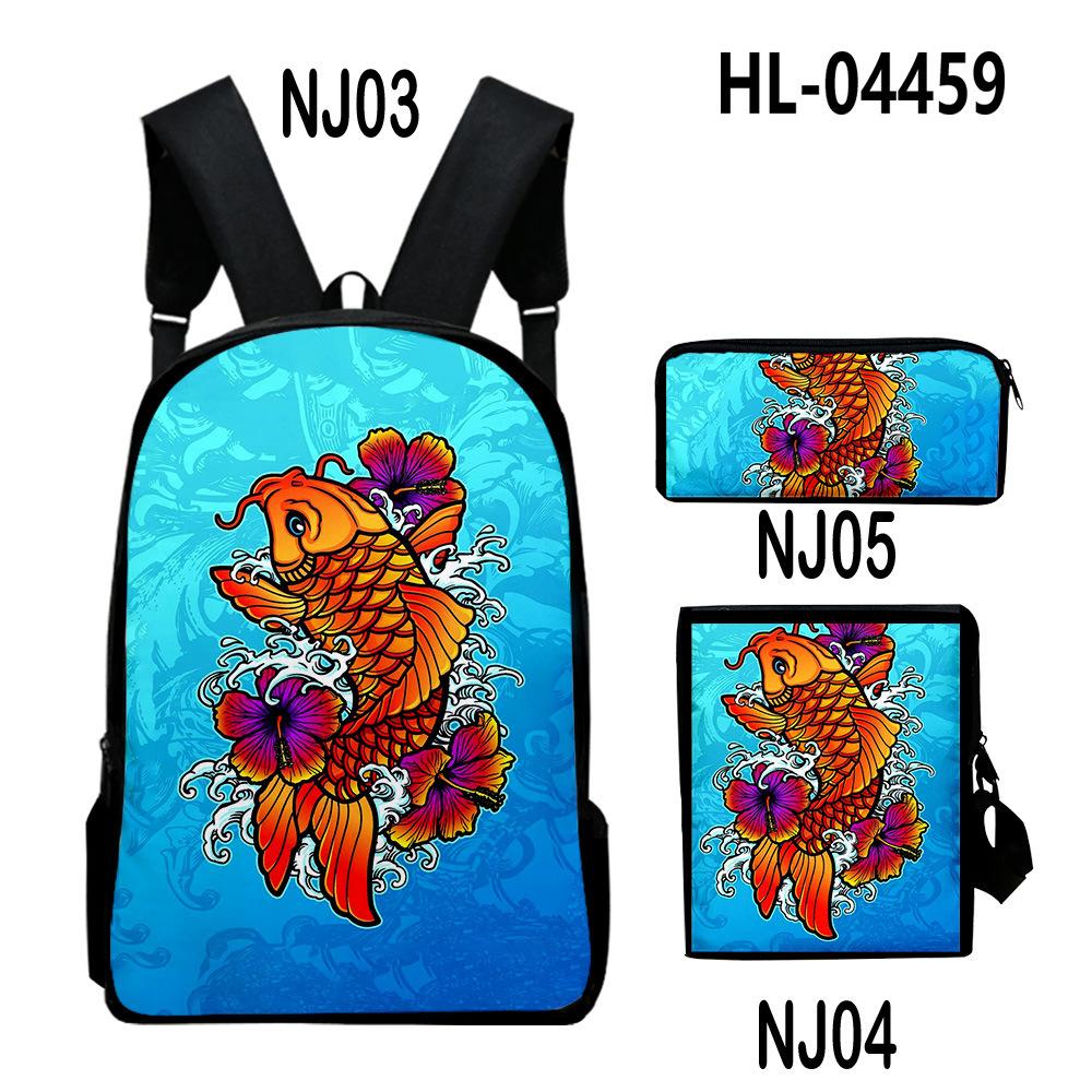 Classic Novelty Cool Koi Carp 3D Print 3pcs/Set Pupil School Bags Laptop Daypack Backpack Inclined Shoulder Bag Pencil Case