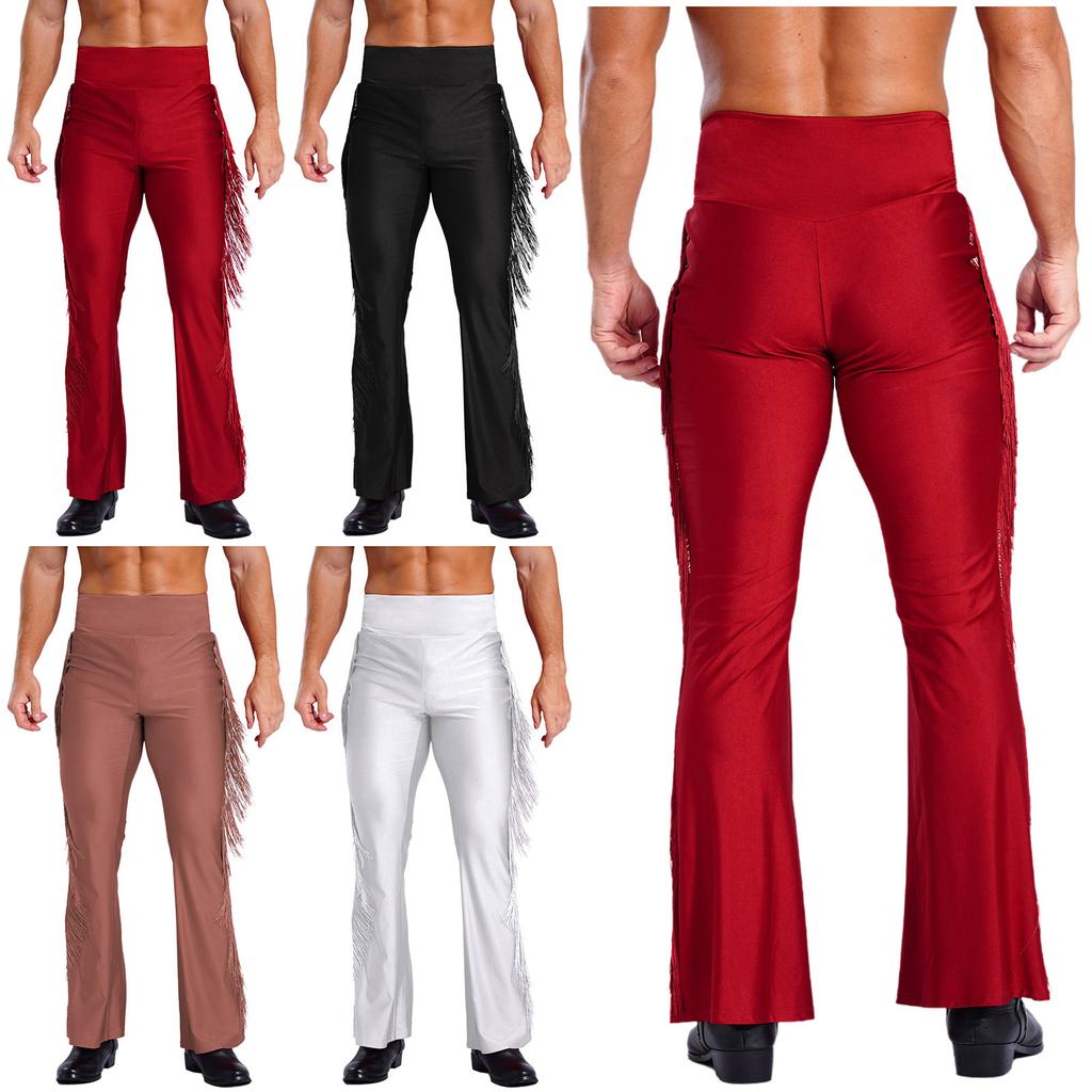 Mens Tassel Flared Pants Vintage High Waist Bell Bottom Trousers Dance Stage Performance