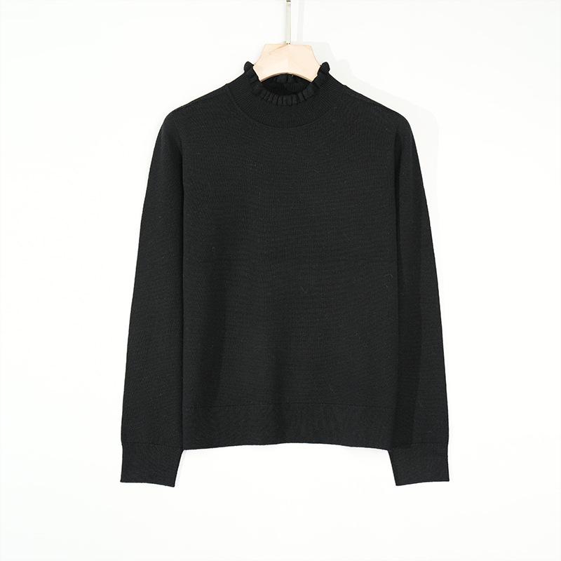 Autumn Winter Women's Seamless Wool Sweater – Ruffle Trim, Slim Fit, High Neck, Machine Washable Base Layer, Solid Color.