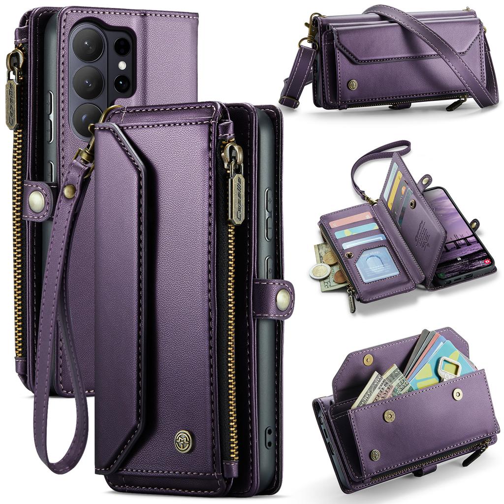 For Samsung Galaxy S26 Ultra Leather Case CASEME C36 Zipper 10 Card Slots Phone Cover with Straps