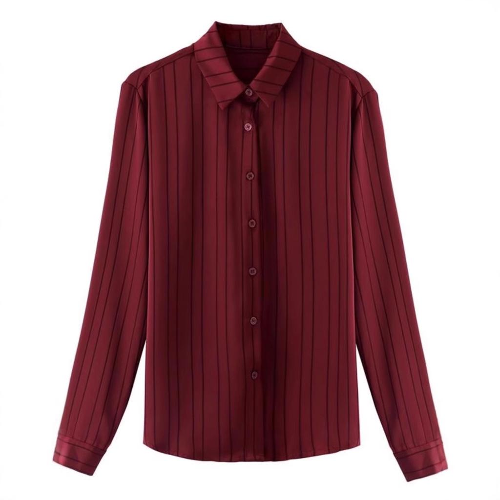 Polo Collar Striped Shirt for Women's Spring Temperament Satin Shirt Fashionable Shirt