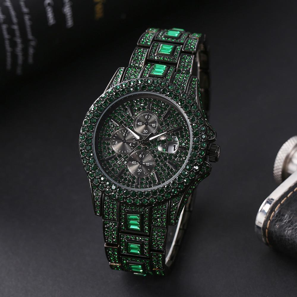 MISSFOX Nové zelené diamantové hodinky pro muže Luxusní Hip Hop diamantové hodinky Jedinečné Bling Ice Out Svítící vodotěsné hodinky
