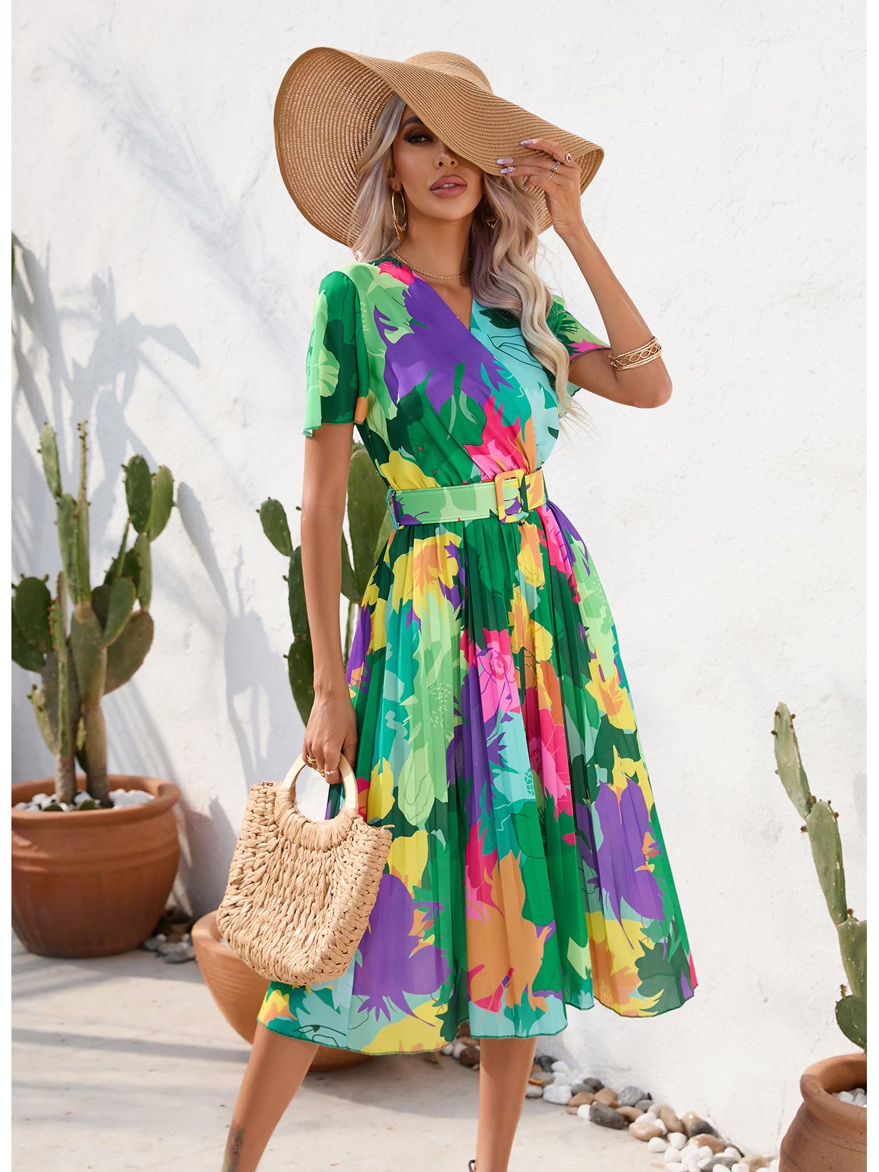 2026 Women s European and American Summer Printed Crinkled Mid-Length Dress with Short Sleeves Large