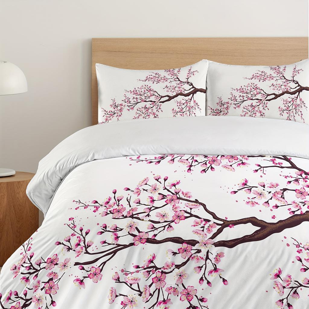 3-Piece Japanese-Inspired Duvet Cover Set - Vibrant Sakura Tree Flowers Spring Theme Art Soft Decorative Bedding with 2 Matchin