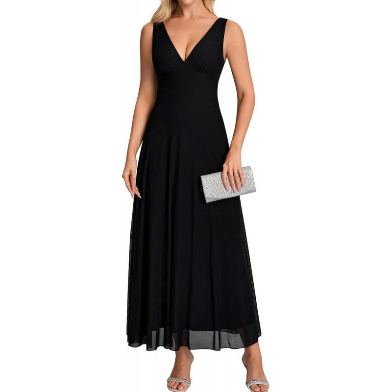 Sweet wind 2026 summer high-end versatile dress V-neck elegant mesh elegant super long dress XS