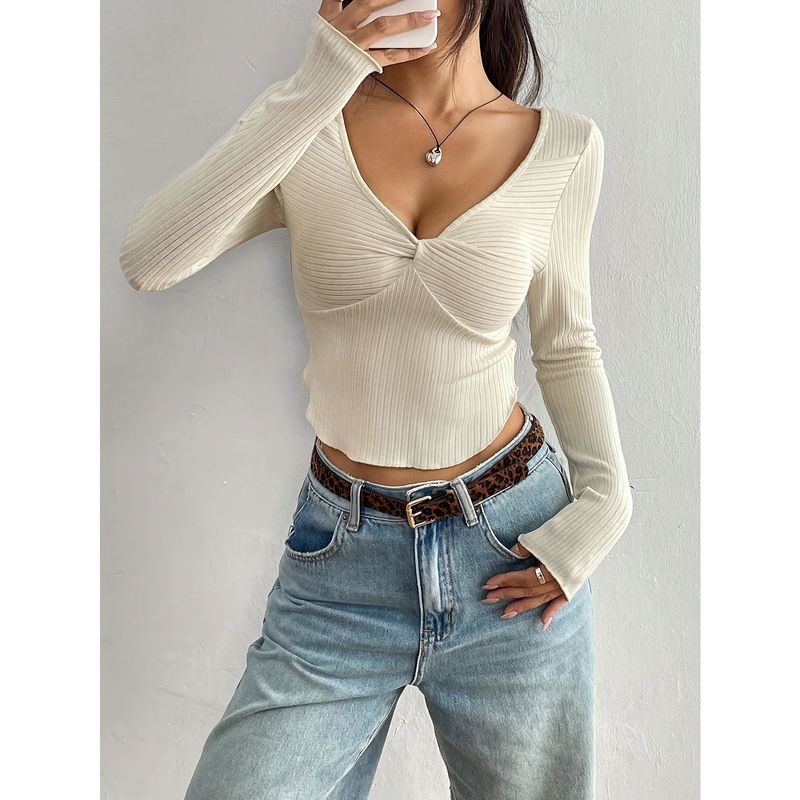 

Spring, Autumn and Winter New Special-Interest Design Sexy Sexy Pleated Silm Long Sleeves Knitting Tops Europe Station Best Selling Apricot XS