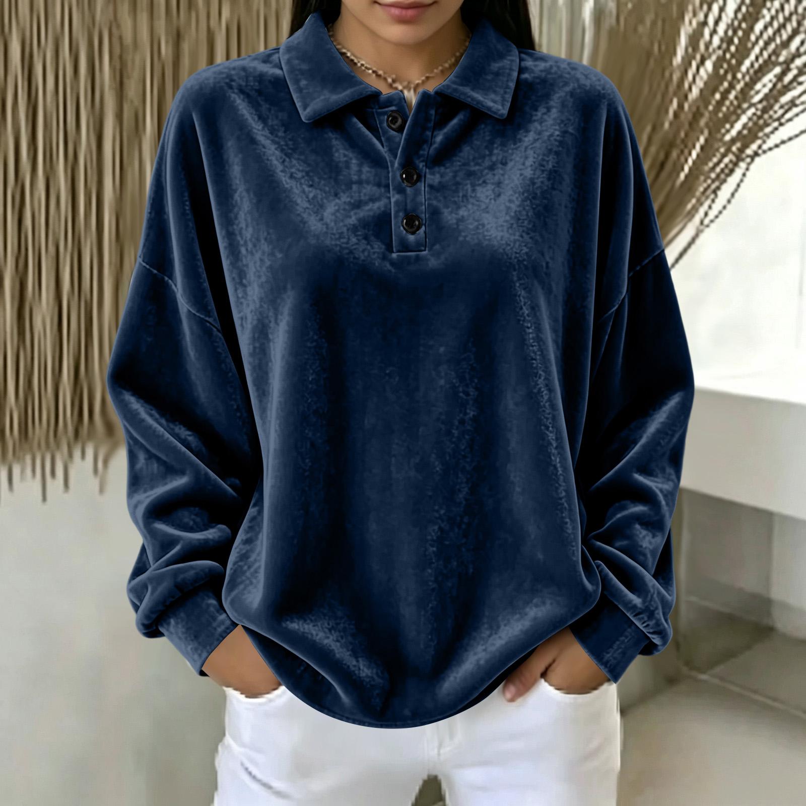 Women s Fashion Color Lapel Collar Loose Fit Long Sleeve Pullover Sweatshirt L