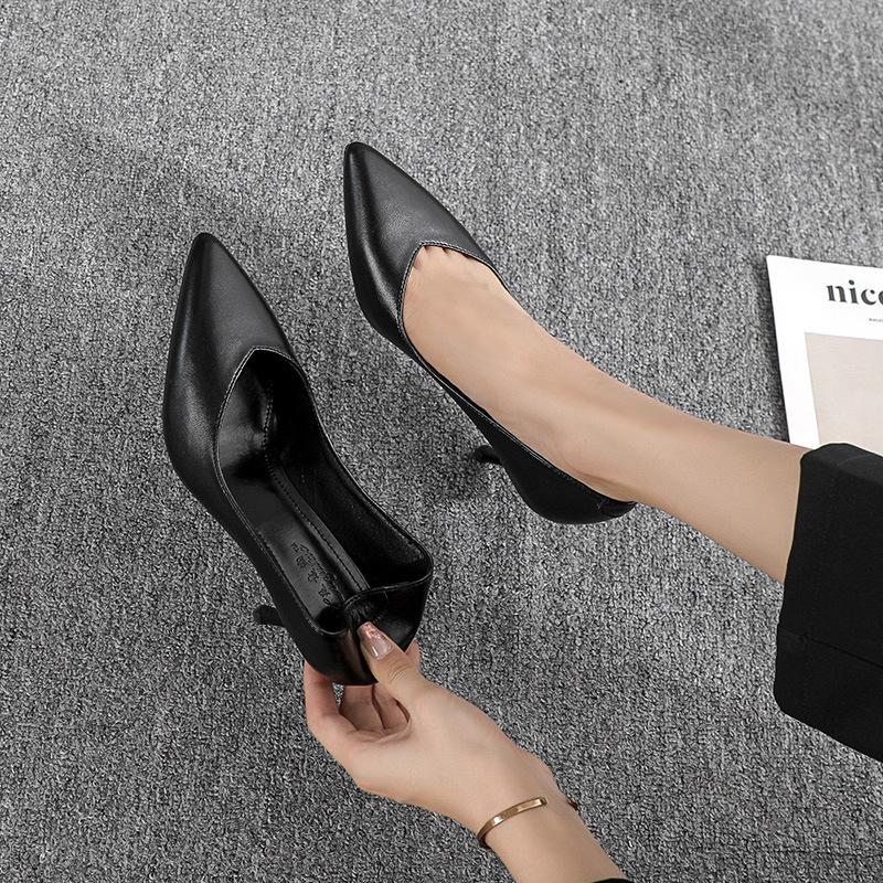 Pantofi de lucru pentru hotel, pantofi cu toc înalt stiletto negri pentru femei, pantofi profesionali versatili cu vârf ascuțit, pantofi de lucru comozi din piele moale pentru navetă