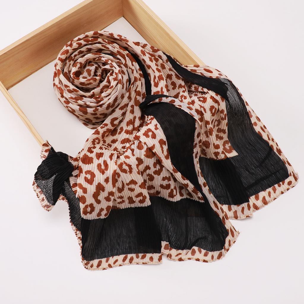 New Soft Pleated Cotton Scarf Leopard Print Hijab Islamic Solid Headscarf Crinkle Hijab Foulard Femme Musulman Wrap Bandana