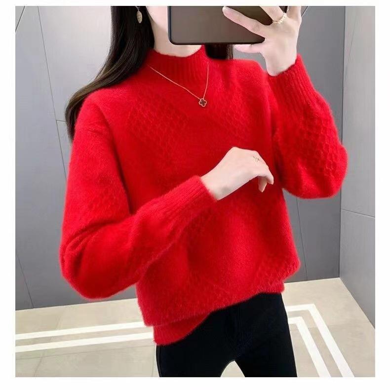 

Women s Knitted Sweater Retro Top Sweater Autumn and Winter Semi High Neck Thick Warm Sweater S