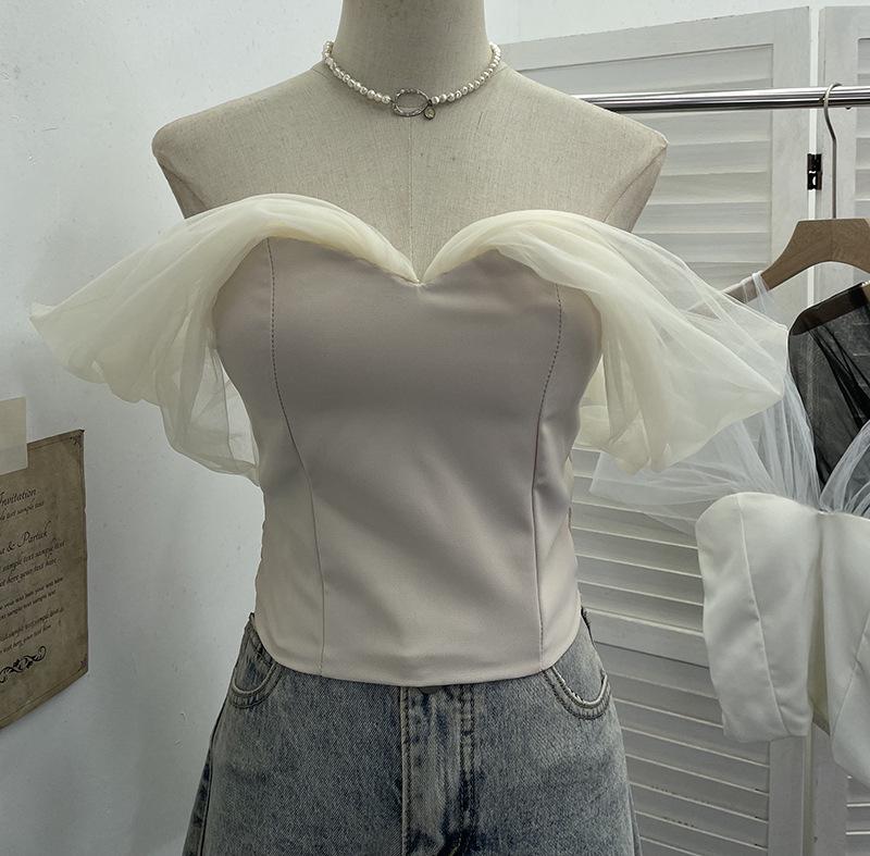 Thai Spicy Mesh Off-Shoulder Bandeau Crop Top with Chest Pads & Non-Slip Strips for Women One Size абрикосовый