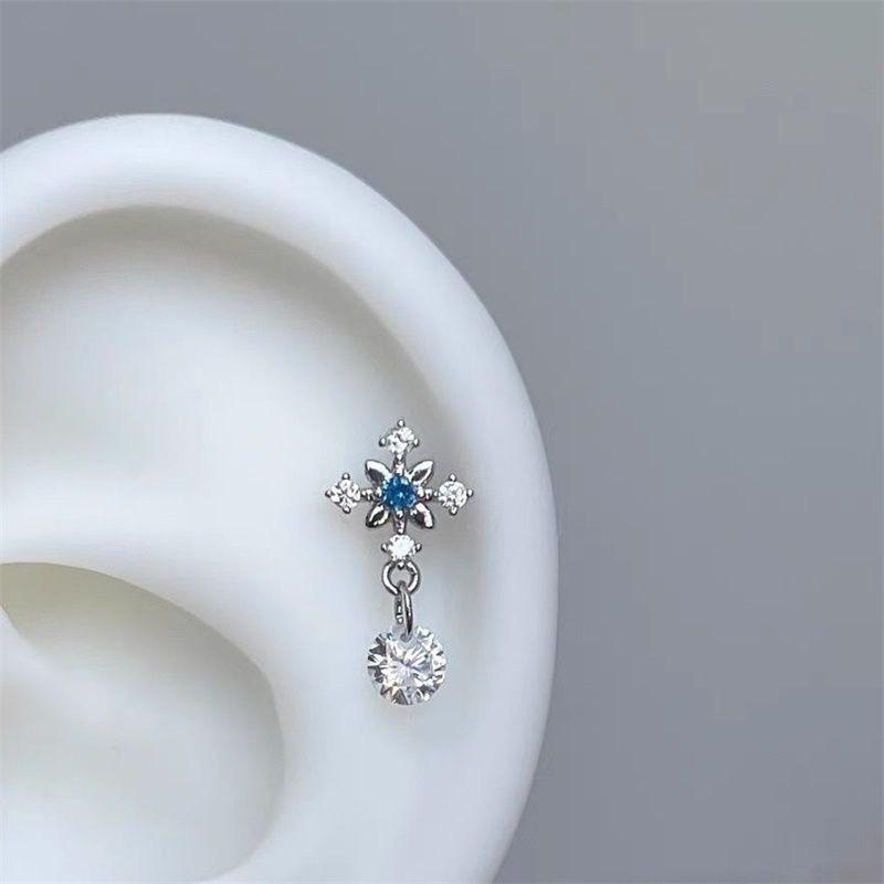 1pcs Quality Shiny Cross Blue Zircon 316L Stainless Steel Ear Bone Nail Silver Color Earring for Women Cochlear Accessorie