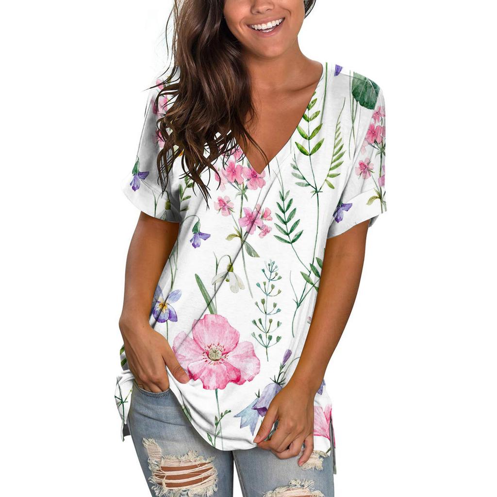 Summer V-neck 3D Coconut Tree Flowers Printed Top Fashionable Casual Short Sleeved Women's T-shirts