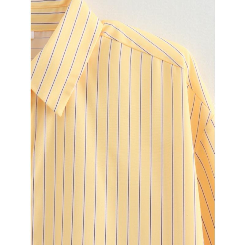 DAFIFY Women's Fashion Casual Spring Autumn Stripe Print Long Sleeve POLO Neck Blouses & Shirts