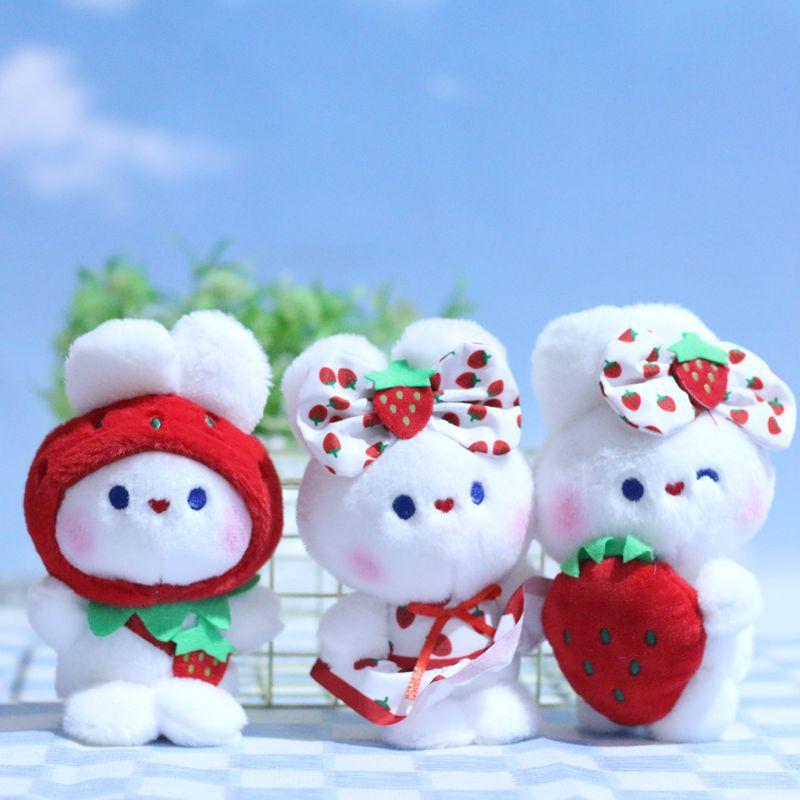 Cute Cartoon Plush Strawberry Rabbit Keychain Soft Stuffed Bunny Doll For Collectors