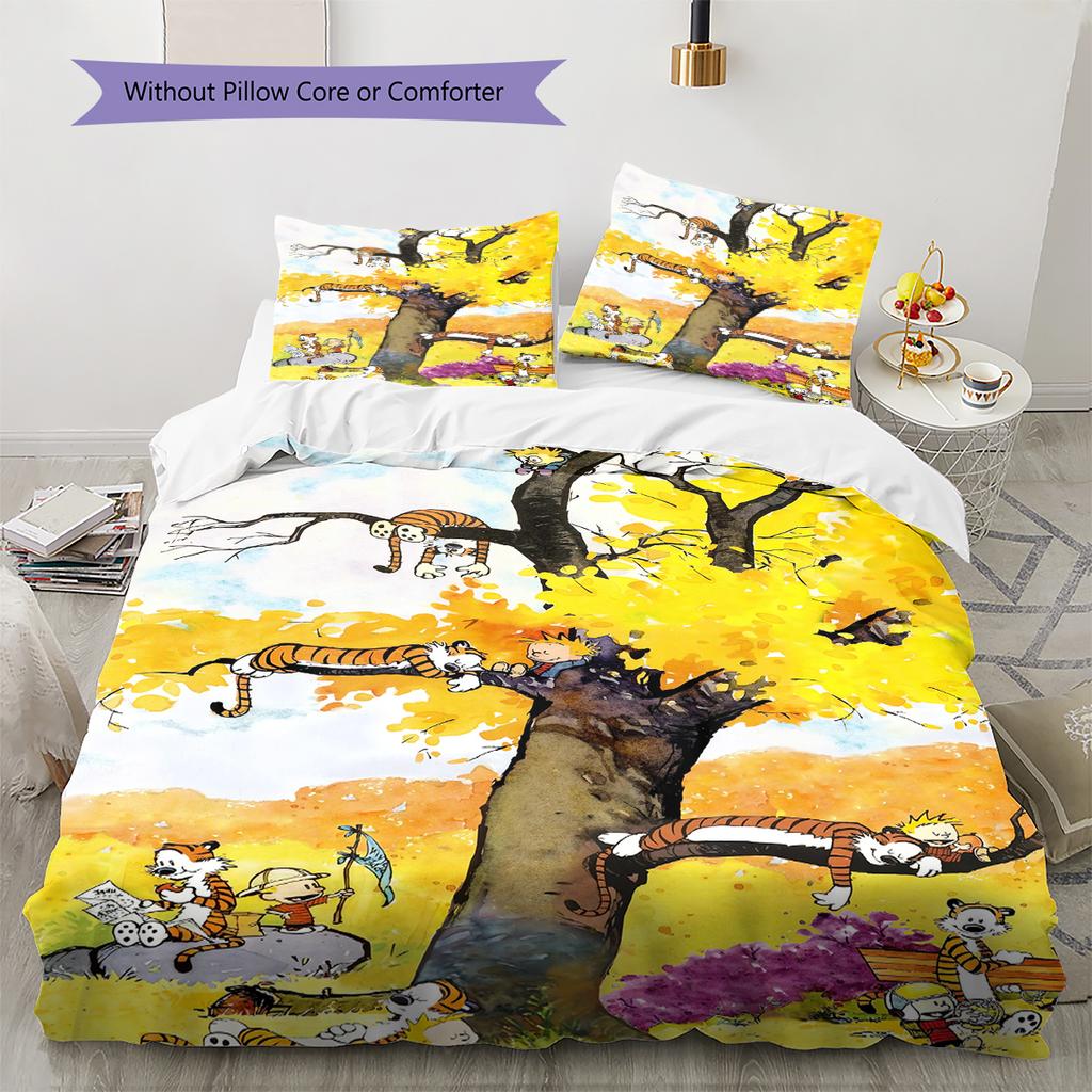 Calvin and Hobbes Pattern Bedding Quilt Set Quilt Cover Pillowcase Home Decoration Gift (1 * Duvet Cover + 2 * Pillowcase, Without Core)