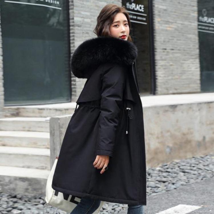 Winter Plus Size Jacket Women Long Sleeve Knee Length Thick Plush Furry Hood Pockets Zipper Button Closure