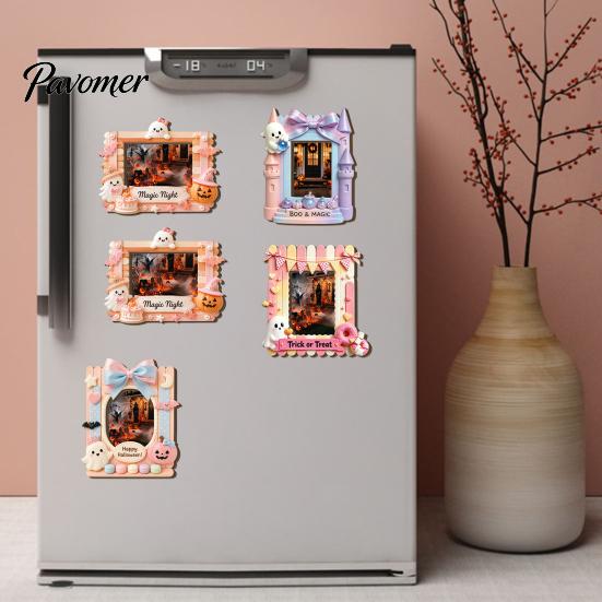 Wood Decorative Frame Halloween Photo Refrigerator Magnet, Ghost Pumpkin Magnetic Picture Holder, Wooden for Holiday Party Kitchen Cartoon Holders