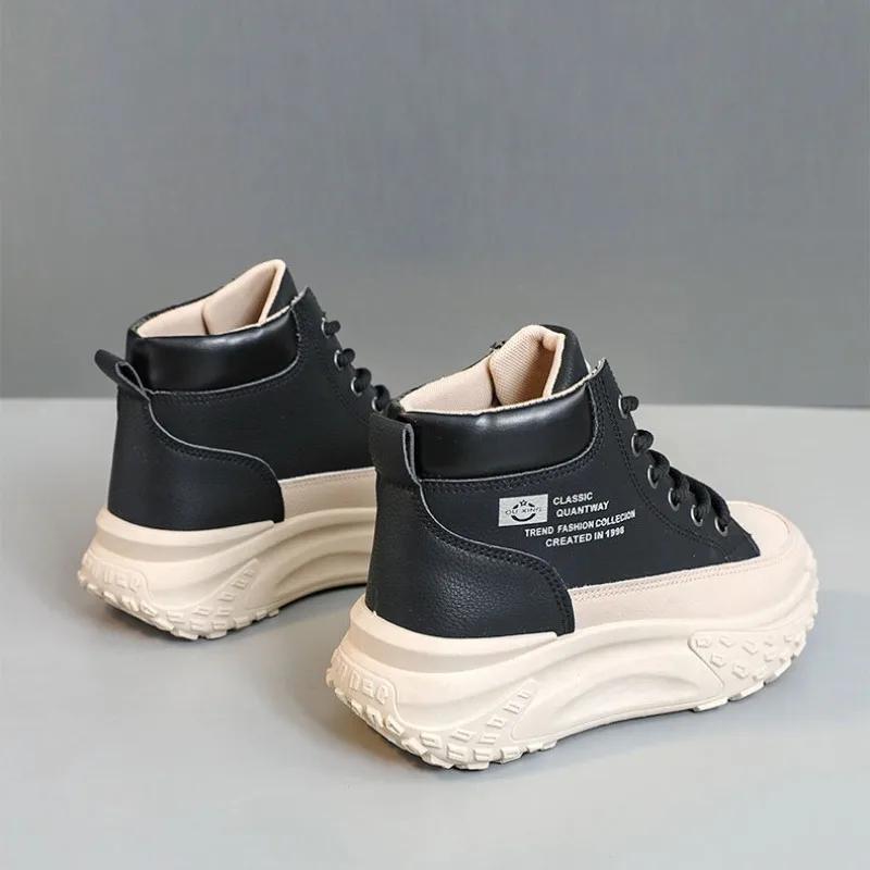 2025 Autumn Casual Sneakers Shoes Color Blocking Thick Bottom Heightening Women Shoes Winter Leather Fashion Outdoor Flat Shoes