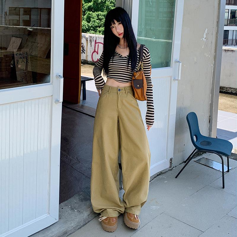 Autumn 2025 Khaki High-Waist Loose Straight-Leg Women's Jeans - Casual, Slimming, Fashionable Wide-Leg Pants