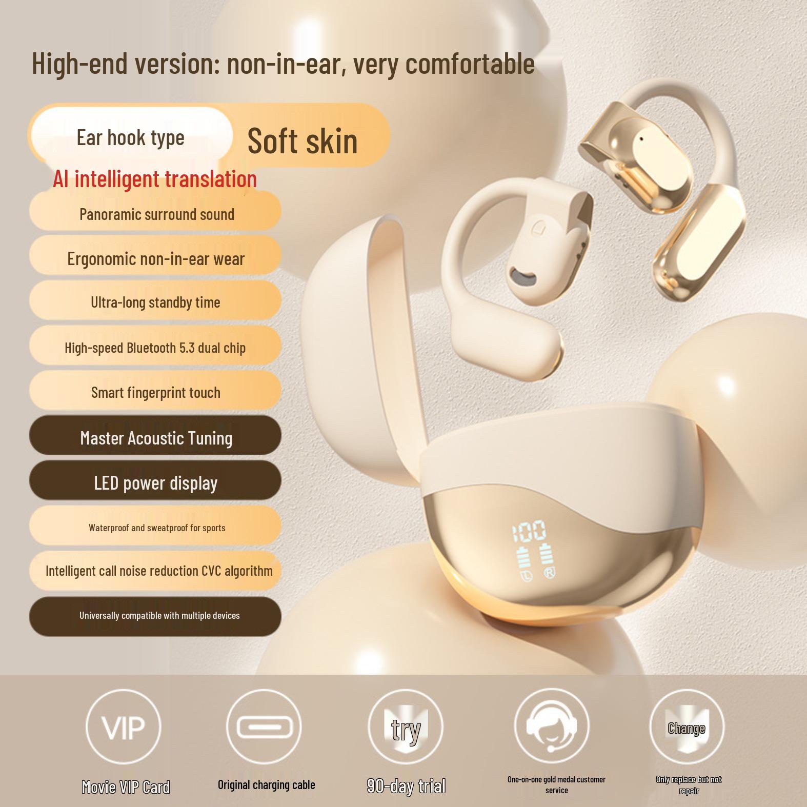 

New OWS M62 AI Smart Bluetooth Earphones: Touch Control, Digital Display, Ear Clip Design, Multi-Language Support.