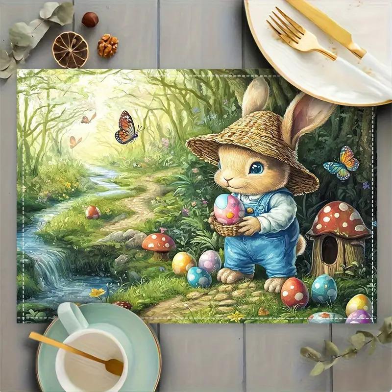 6 шт. Скатерти-подставки на Пасху с кроликами - Весенние подставки на стол в пастельных тонах, Прочный лен, Очаровательный лесной стиль 6PC 30X45cm