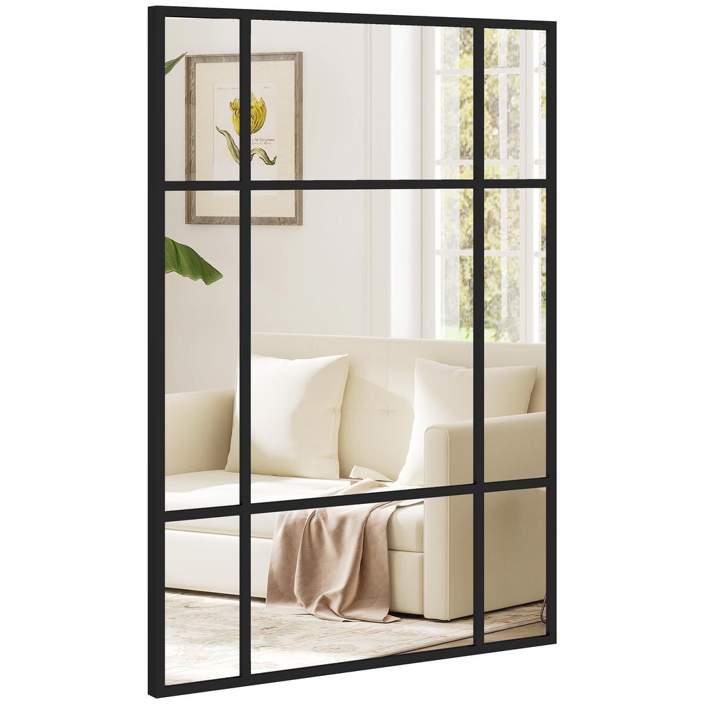 Wall Mirror, Rectangular Window Style, Horizontal/Vertical Mount, 4 Hooks, Black Metal, 50 x 70 cm