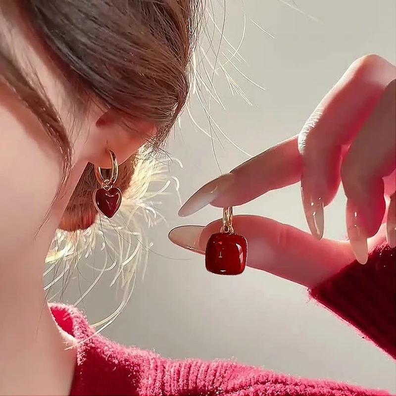 LATS Nouveau Design Boucles d'Oreilles Pendantes Coeur d'Amour Rouge pour Femmes Couleur Or Cercle Vintage Pêche Goutte Boucle d'Oreille Peut Être Séparée Zircon