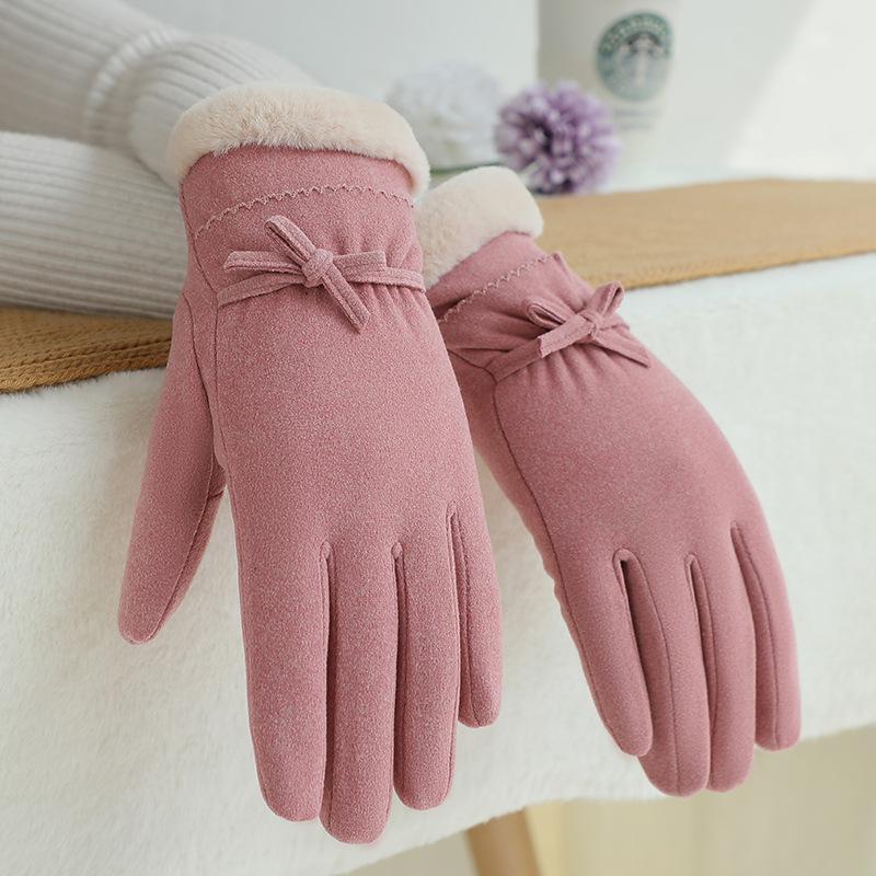 Warm Gloves for Autumn and Winter Women's German Velvet Bow Outdoor Riding Driving Plus Velvet Thickened Cold Proof Touch Screen Gloves