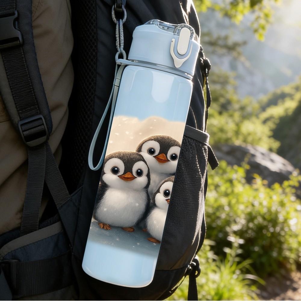 1PC Group Penguin Family Antarctic Print 750ml Color Plastic Sports Water Bottle Leakproof Flip Straw Lid Suitable for Sports Office Home Use