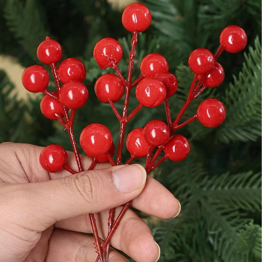 100/10PCS Red Artificial Berries Branch Christmas 7 Heads Holly Berry Stems DIY Craft Wreath New Year Party Xmas Tree Decoration