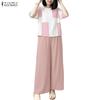 ZANZEA Women 3/4 Sleeve Print Blouse and Pants Casual Two Piece Suit Sets
