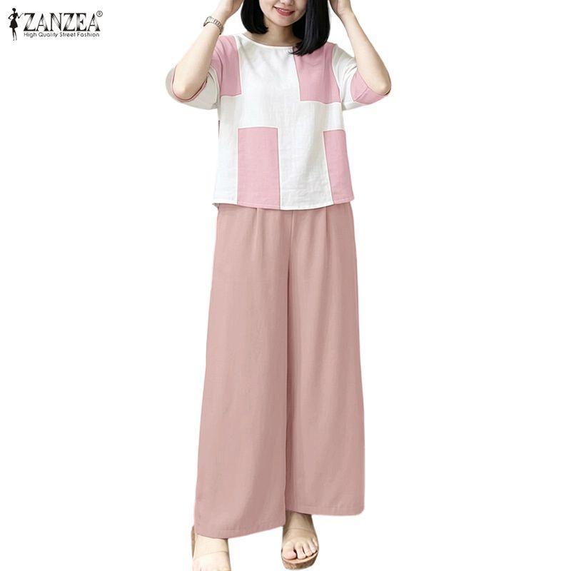 ZANZEA Women 3/4 Sleeve Print Blouse and Pants Casual Two Piece Suit Sets