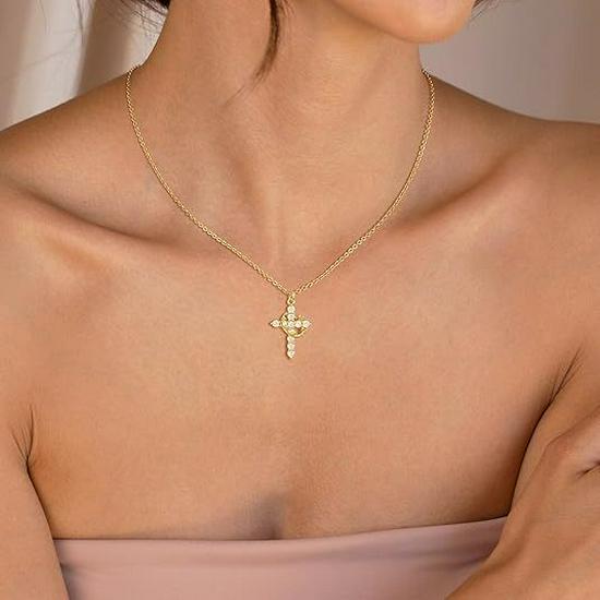 Rotatable Stainless Steel Crown Cross Pendant Necklace with Zirconia