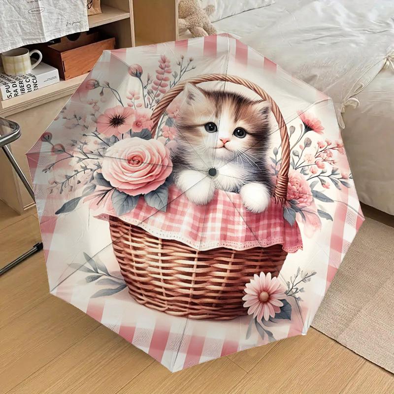 

1pc Kitten Basket Flowers Automatic Folding Umbrella, 8 Ribs Iron Frame, Suitable for Outdoor Travel and Daily Use yy251120255