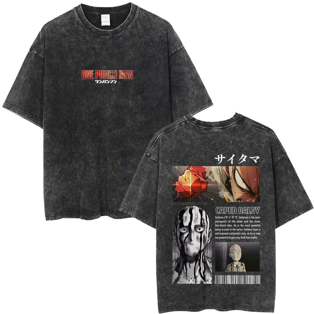 Gewaschenes Vintage Anime One Punch Man Saitama Saitamas Fitnessstudio Lustiges Meme Grafik T-Shirt Herren Damen Fitness Freizeit Übergroße T-Shirts