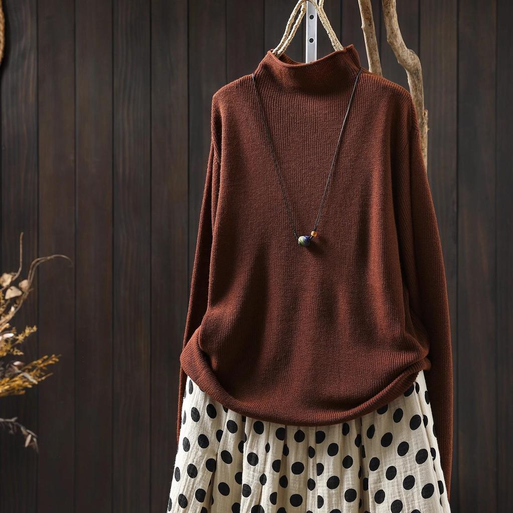Women's Retro Color Block Striped Knit Sweater, Autumn 2025: Half High Neck, Long Sleeve Wool Pullover