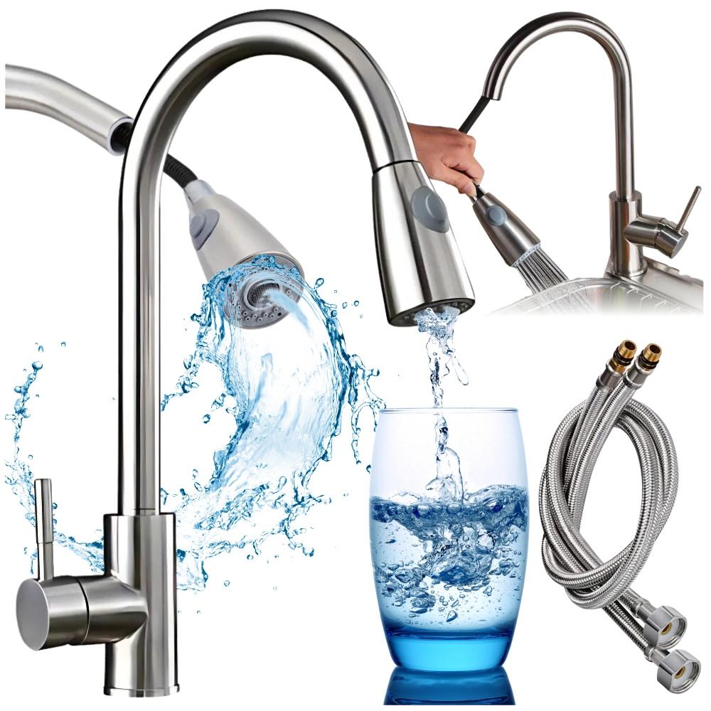 Kitchen Tap with Pull-out Spout, Stainless Steel, Flexible, Movable, Silver