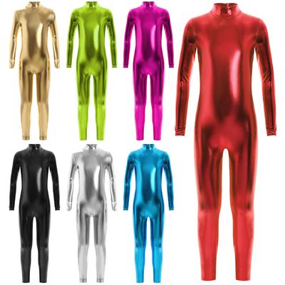 Kids Unisex Performance Jumpsuit Metallic Shiny, Long Sleeve Mock Neck Full Body Leotard for Halloween & Dance Role Play