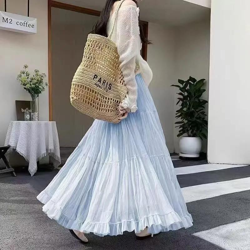 Spring Elegant Pleated Skirt for Women with Elastic Waist Slim Fit A-Line Long Design