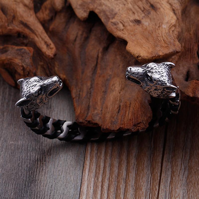 Punk Rock Schädel Wolf Drachenkopf Geformtes Offenes Armreif für Männer Edelstahl & Echtes Leder Armbänder Schmuck für Biker
