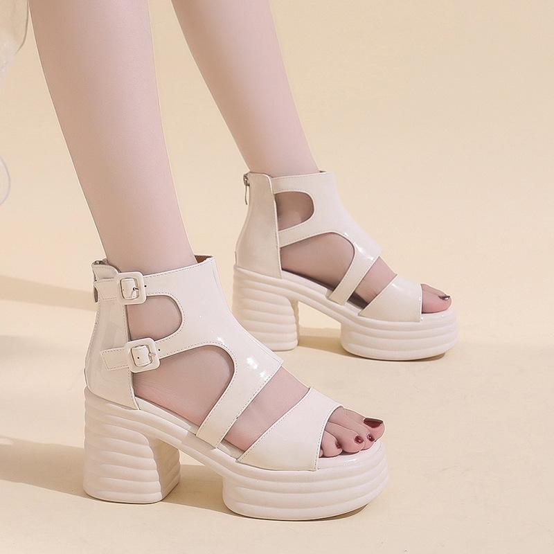 

European and American style high-heeled sandals women s 2025 new summer fashion belt buckle fish mouth hollow after zipper thick heel sandals 40