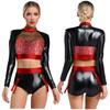 Womens Metallic Shiny Clubwear Outfits Snakeskin Pattern Print Long Sleeve Crop Tops+High Waist Shorts for Raves Disco Dance Top