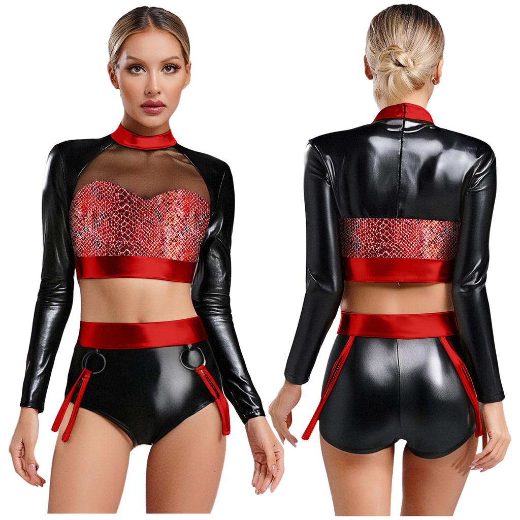 Womens Metallic Shiny Clubwear Outfits Snakeskin Pattern Print Long Sleeve Crop Tops+High Waist Shorts for Raves Disco Dance Top
