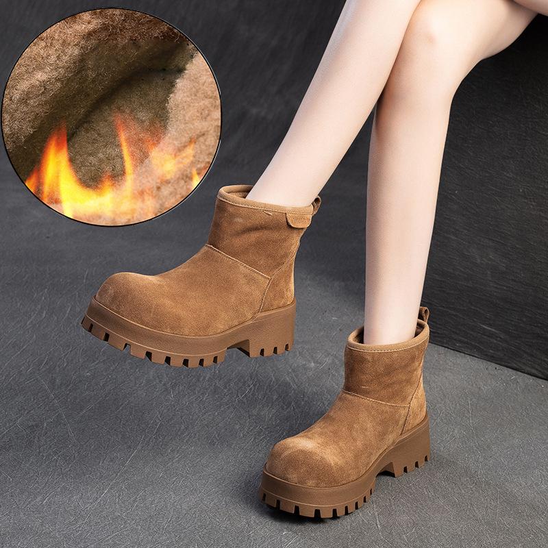 Fashion GKTINOO 2024 Winter New Wool Warm Cotton Boots Retro Versatile Nubuck Cowhide Thick Soled Women's Short Boots