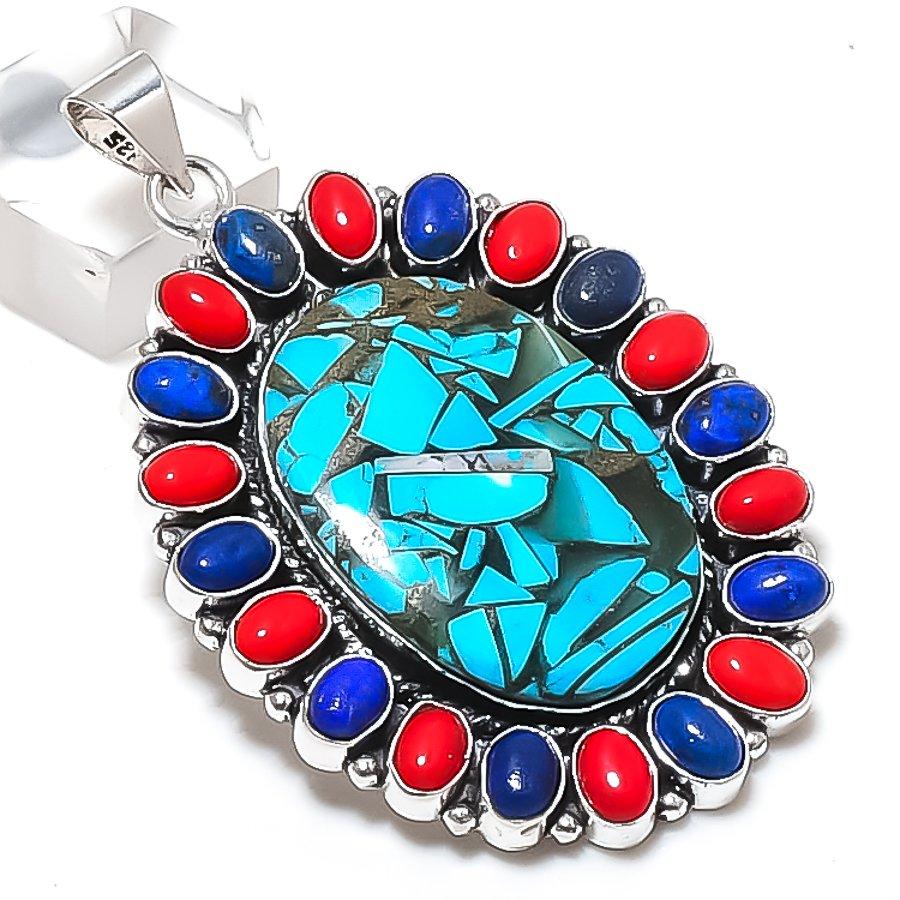 Natural Copper Turquoise, Coral 925 Sterling Silver Jewelry Pendant 2.64 ETC-13799
