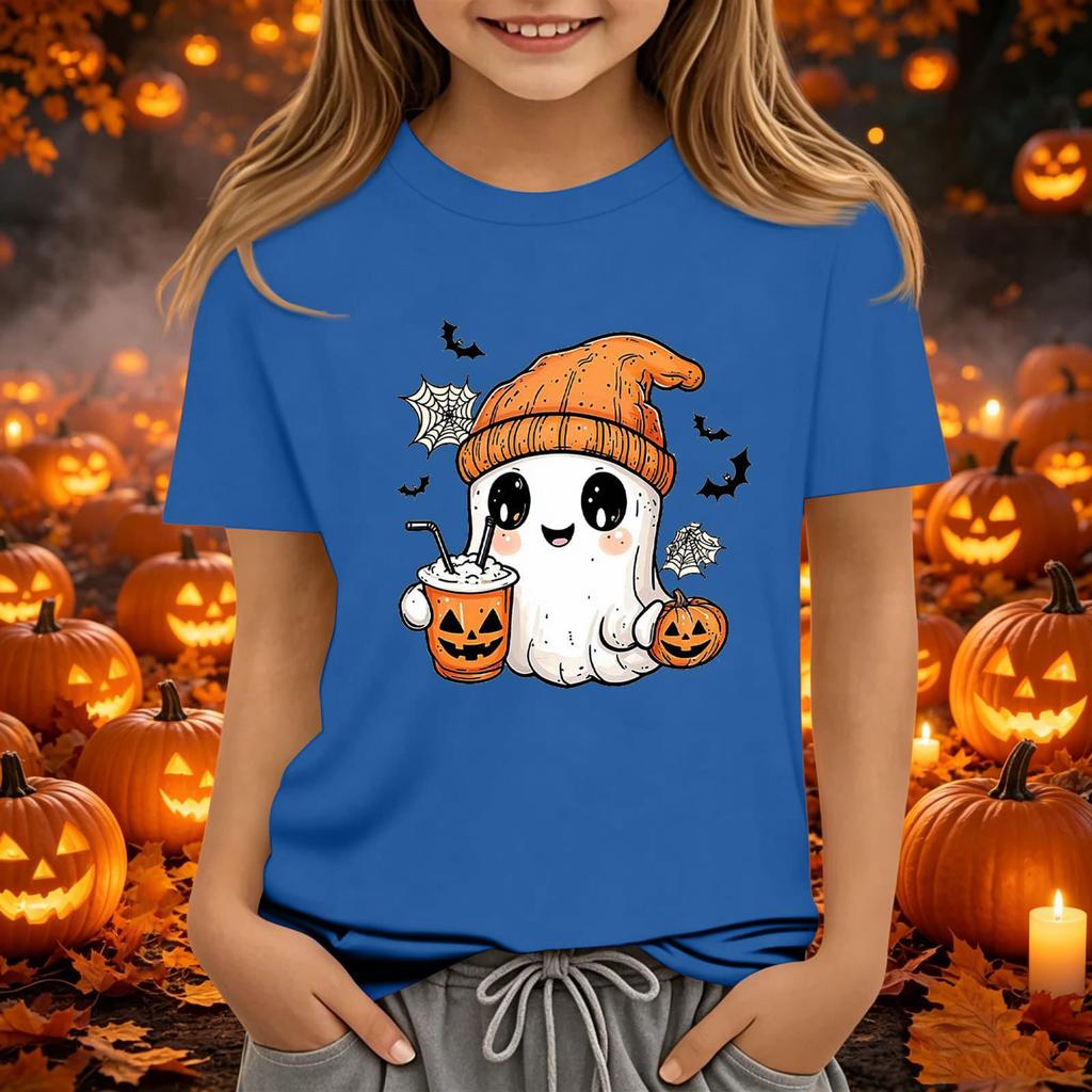 Kids Halloween Printed Neck Short Sleeve T-Shirt Loose Fit Casual Top