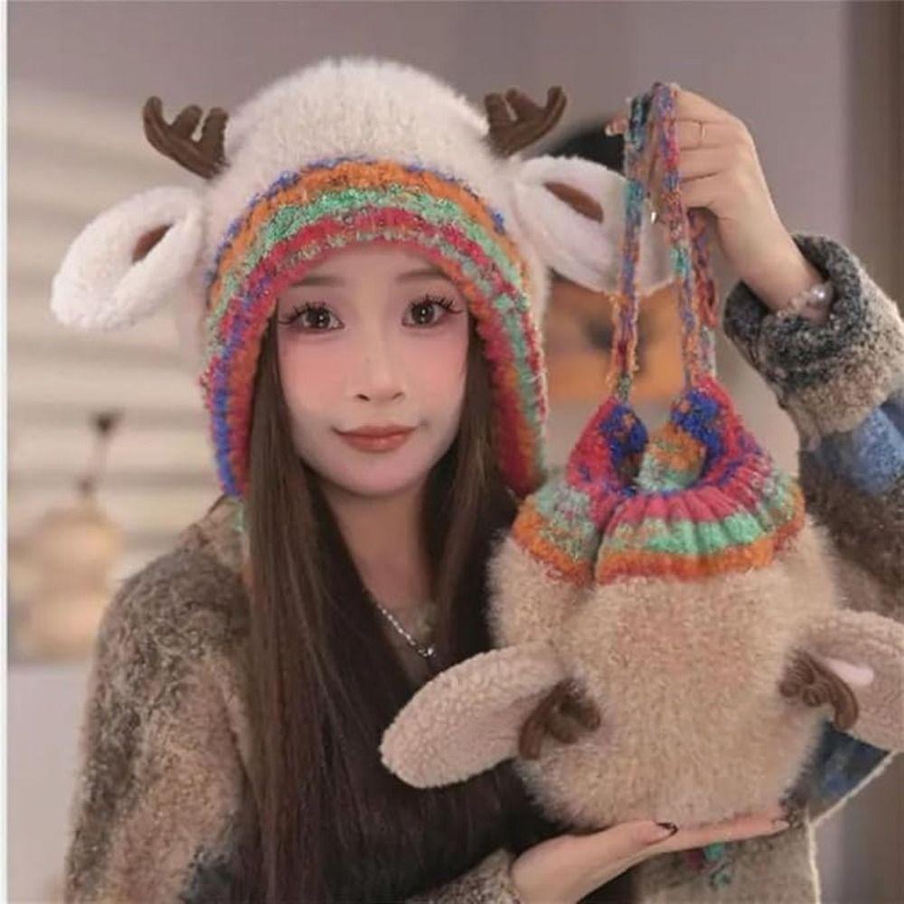 Plush Fur Knitted Deer Antler Hat Windproof Festival Christmas Antler Hat New Ear Flap Hat  Outdoor