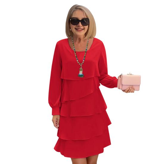 Women Dress Solid Color Multi Layered Cake Dress Round Neck