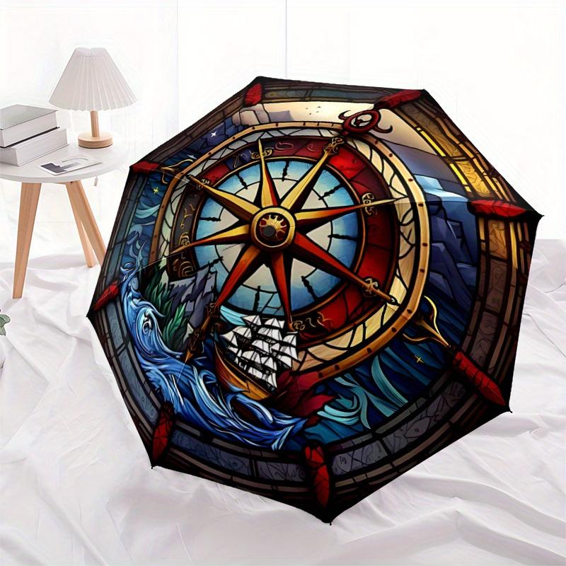 1pc Maritime Compass Compact Travel Umbrella, Automatic Folding Lightweight Windproof 8-Bone Reinforced Design, Portable for Backpack Durabl